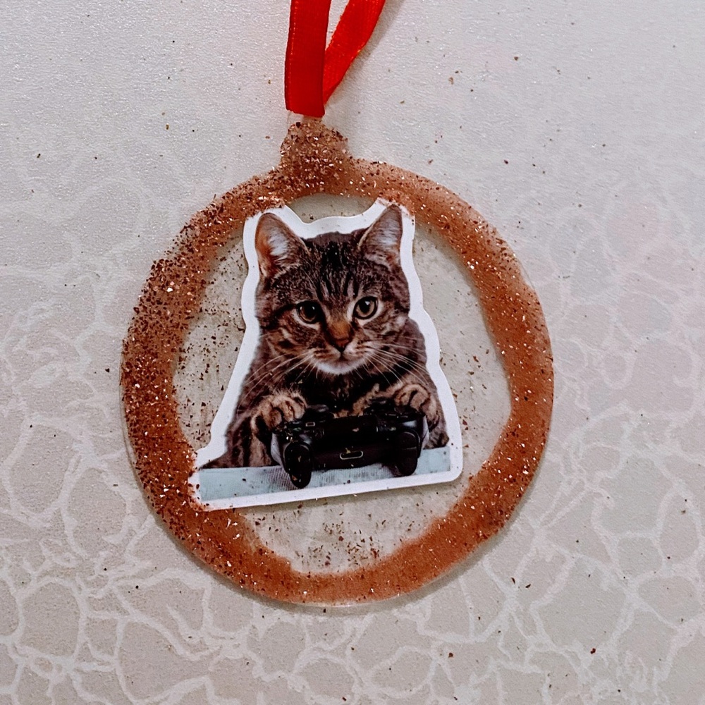 Cat Ornament with Red Ribbon